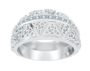 Siyah zemin üzerinde elmaslar olan üç boyutlu bir beyaz yüzük.