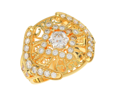 Altın yüzük, beyaz arka planda değerli bir mücevher.