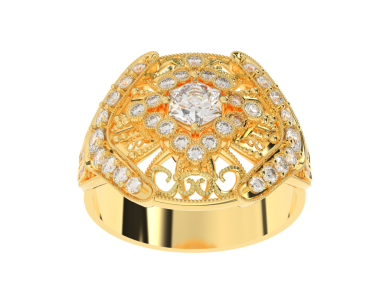 Beyaz arkaplanda elmaslarla altın bir yüzük.