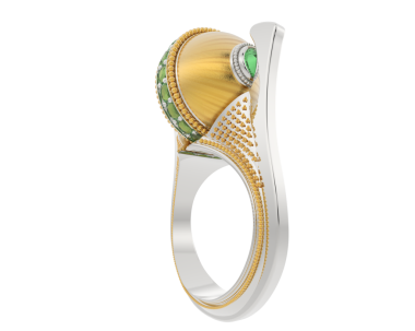 Beyaz arka planda izole edilmiş 3 boyutlu altın yüzük çizimi