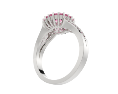 Gri arka planda beyaz elmasla pembe nişan yüzüğünün üç boyutlu resmi.