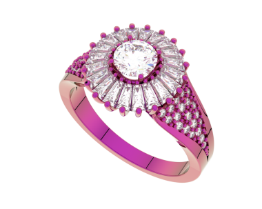 Siyah arka planda pembe elmas nişan yüzüğüyle 3D illüstrasyon