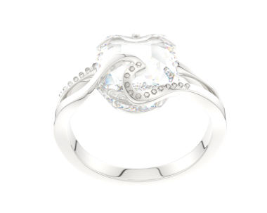 3D görüntü, beyaz arka planda yansıması olan beyaz elmas nişan yüzüğü.