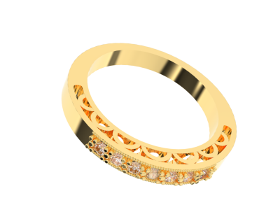 Beyaz arkaplanda yansıması olan üç boyutlu altın dekoratif yüzük..