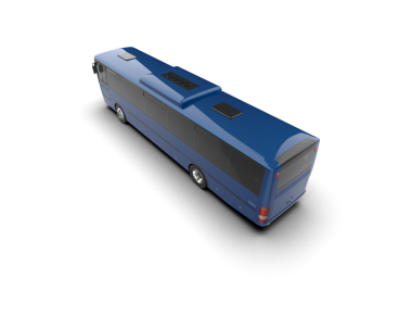 Koyu mavi bir arkaplanda izole edilmiş çift katlı çift katlı bir otobüsün 3 boyutlu canlandırması