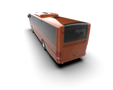 Siyah arkaplan izole edilmiş turuncu bir otobüsün 3 boyutlu görüntüsü.