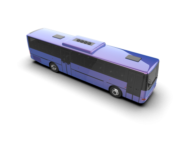 Beyaz arkaplanda izole edilmiş mavi bir otobüsün 3 boyutlu görüntülemesi