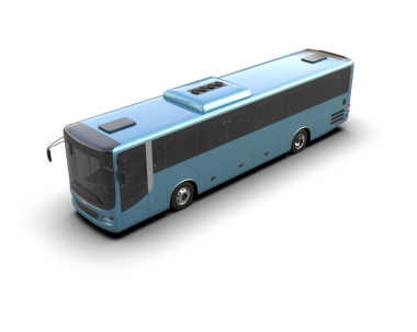 Beyaz arka planda uzun çift taraflı otobüsü olan mavi yolcu otobüsü..