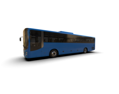 Siyah arkaplanda izole edilmiş mavi ve beyaz bir elektrikli otobüsün 3 boyutlu görüntülenmesi