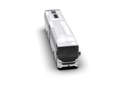 Siyah arkaplan üzerinde siyah çizgiler olan beyaz bir otobüsün 3 boyutlu canlandırması