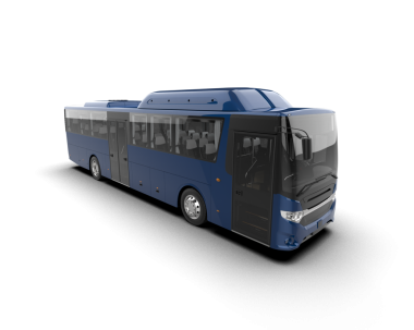 Koyu bir arkaplanda izole edilmiş modern mavi bir otobüsün 3 boyutlu canlandırması