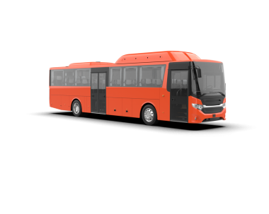 Beyaz arkaplanda kırmızı bir otobüs.