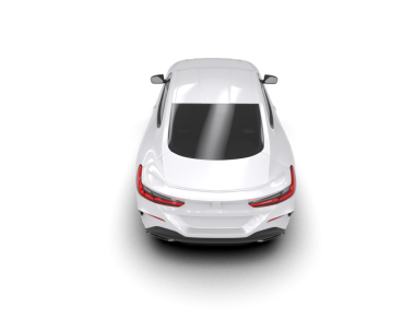 Beyaz arka planı uzun gölgeli beyaz modern bir araba. 3d oluşturma