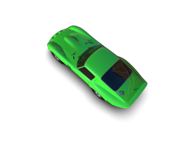 Siyah arkaplanda yeşil yüzeyi yansıtan izole edilmiş bir arabanın 3 boyutlu çizimi