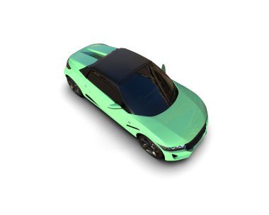 Siyah arkaplanda yansıtıcı bir arabanın 3 boyutlu canlandırması