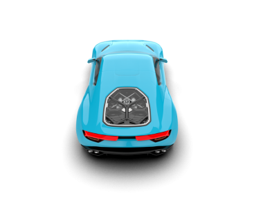 Beyaz stüdyo arka grubunda izole edilmiş mavi elektrikli bir arabanın 3 boyutlu görüntüsü.