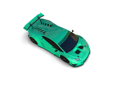 Siyah arkaplan ile izole edilmiş yeşil arka planı olan yansıtıcı bir arabanın 3 boyutlu canlandırması