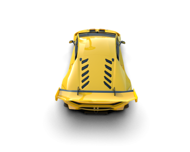 Siyah stüdyo arka planında izole edilmiş sarı fütüristik bir uzay gemisinin 3 boyutlu görüntüsü