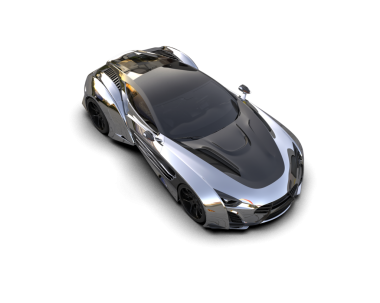 Koyu arkaplan üzerinde koyu bir arka planı olan yansıtıcı bir arabanın 3 boyutlu canlandırması