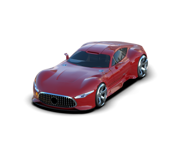 Koyu bir arkaplanda 3 boyutlu kırmızı bir araba görüntüsü.