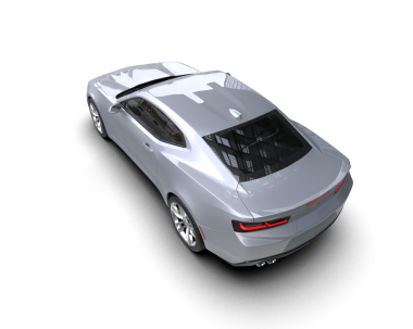 Siyah stüdyonun üzerinde 3 boyutlu bir araba görüntüsü var.