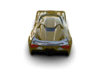 Koyu arkaplanı olan altın renkli bir arabanın 3 boyutlu görüntüsü.