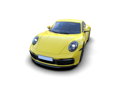 Sarı arabanın 3 boyutlu görüntüsü gri arkaplanda izole edilmiş.