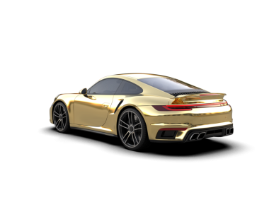 Stüdyonun arka planında izole edilmiş 3 boyutlu altın rengi bir araba.