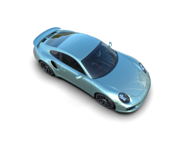 Stüdyonun arka planında 3 boyutlu bir araba görüntüsü var.