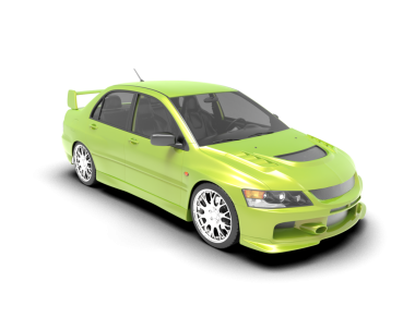 Yeşil arka planda bir araba. 3d illüstrasyon