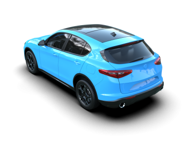 Beyaz arkaplanda 3D mavi araba görüntüleniyor