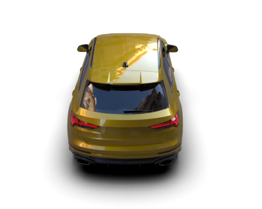 Siyah arka planda modern sarı araba, 3 boyutlu.