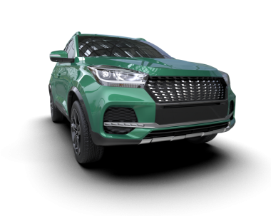 Modern bir arabanın üç boyutlu tasarımı beyaz arka grubunda izole edilmiş.