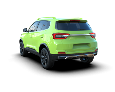 Beyaz arkaplanda gölgesi olan yeşil bir SUV 'un 3 boyutlu görüntüsü