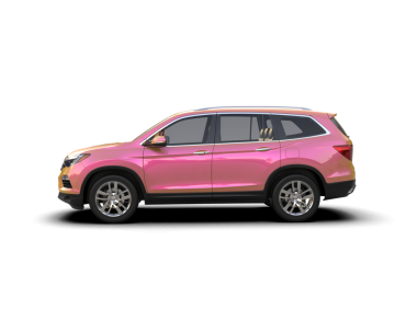 Beyaz arkaplanda 3 boyutlu pembe araba görüntüleme.