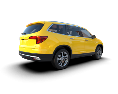 Gri arka planda izole edilmiş modern lüks sarı SUV 3 boyutlu