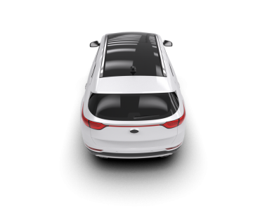 Beyaz stüdyo arka planında izole edilmiş beyaz bir arabanın 3 boyutlu görüntüsü