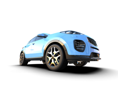 Stüdyo ortamında siyah arka planda izole edilmiş markasız bir SUV 'un 3 boyutlu görüntüsü.