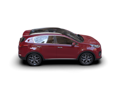 Siyah arka planı olan kırmızı bir cip. 3d oluşturma.