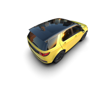 Siyah arka planda siyah arka planı olan sarı bir arabanın 3 boyutlu görüntüsü..