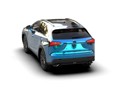 Beyaz arkaplanda ışık bulunan mavi spor arabanın 3 boyutlu resmi