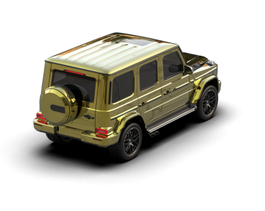 Beyaz arka planda izole edilmiş altın bir arabanın 3 boyutlu resmi
