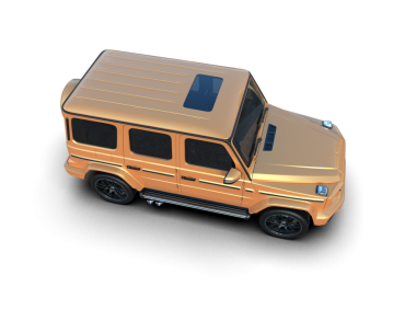 Koyu mavi arka planda izole edilmiş 3 boyutlu altın bir araba.