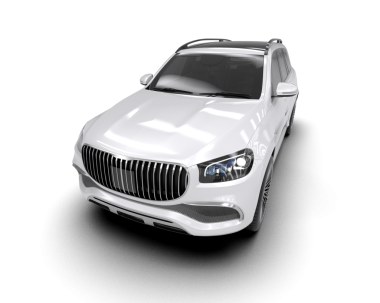 Araba beyaz arka planda izole edilmiş. 3D görüntüleme - ön görünüm.