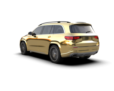 Beyaz arka planda altın rengi bir araba, 3 boyutlu.