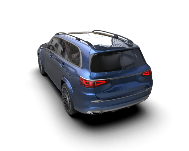 Siyah arka planda mavi cam yüzeyi olan bir araba. 3d oluşturma.