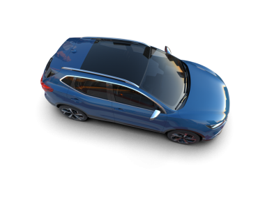 Mavi cam yüzeyi olan modern bir araba. 3d oluşturma