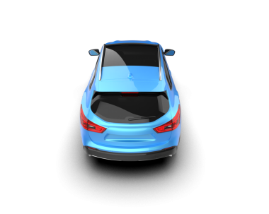 Beyaz arkaplanda izole edilmiş mavi bir arabanın 3 boyutlu görüntüsü.