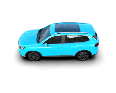 Mavi kompakt arazi aracı ve güzel bir vücudu var. 3d oluşturma.