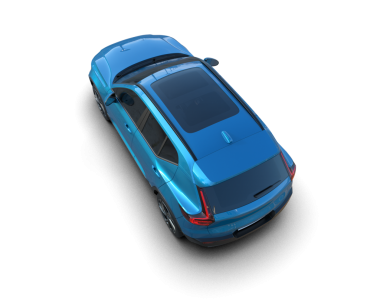 Beyaz arka planda mavi çatılı bir arabanın 3 boyutlu görüntüsü